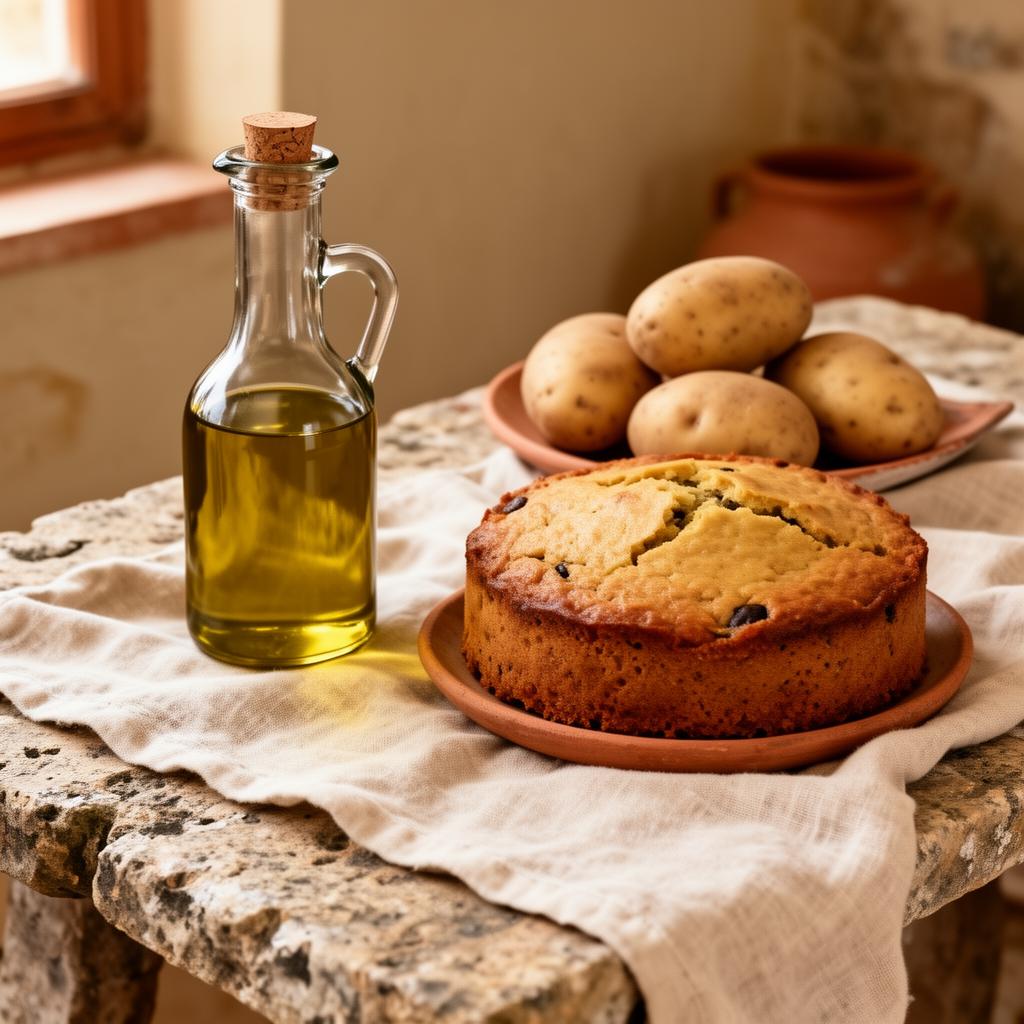 Homemade olive oil, olive-oil cake and potatoes on a stone table
